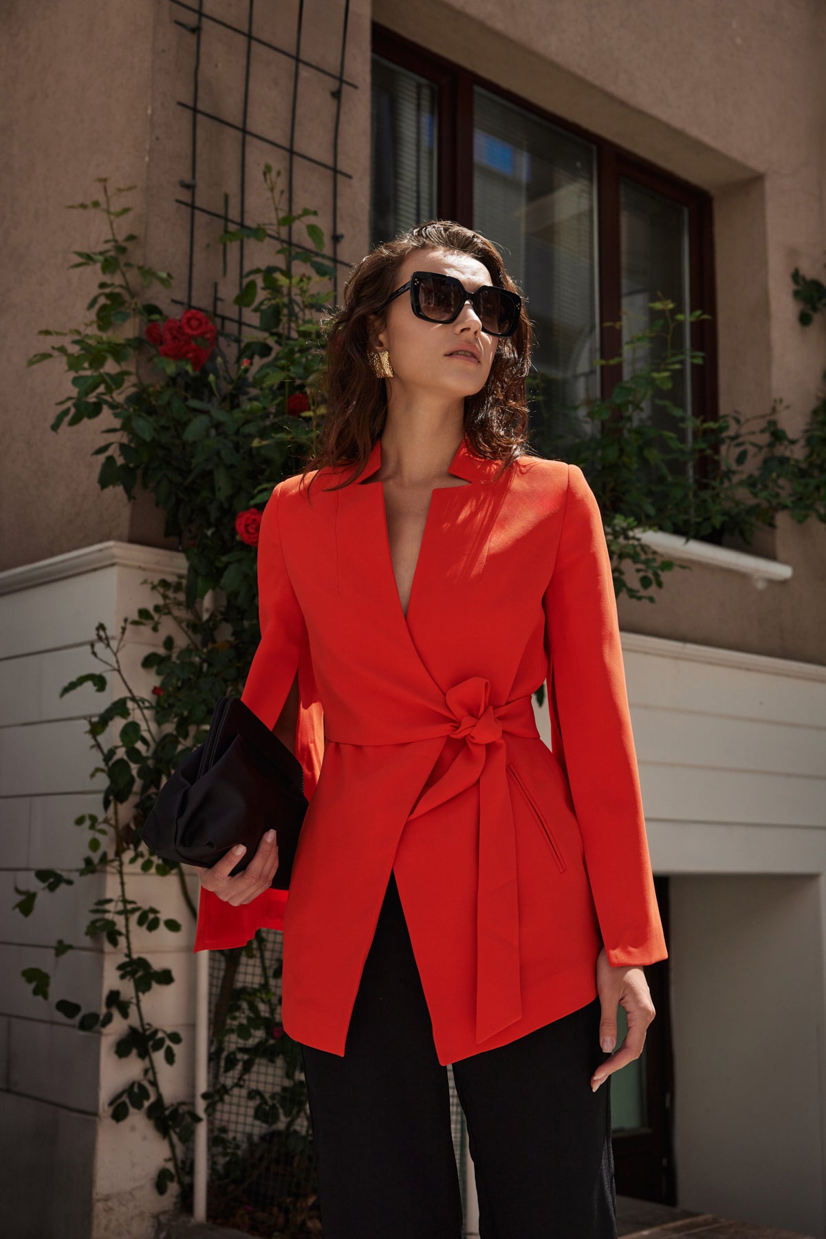woman tailored Red Blazer with side tie