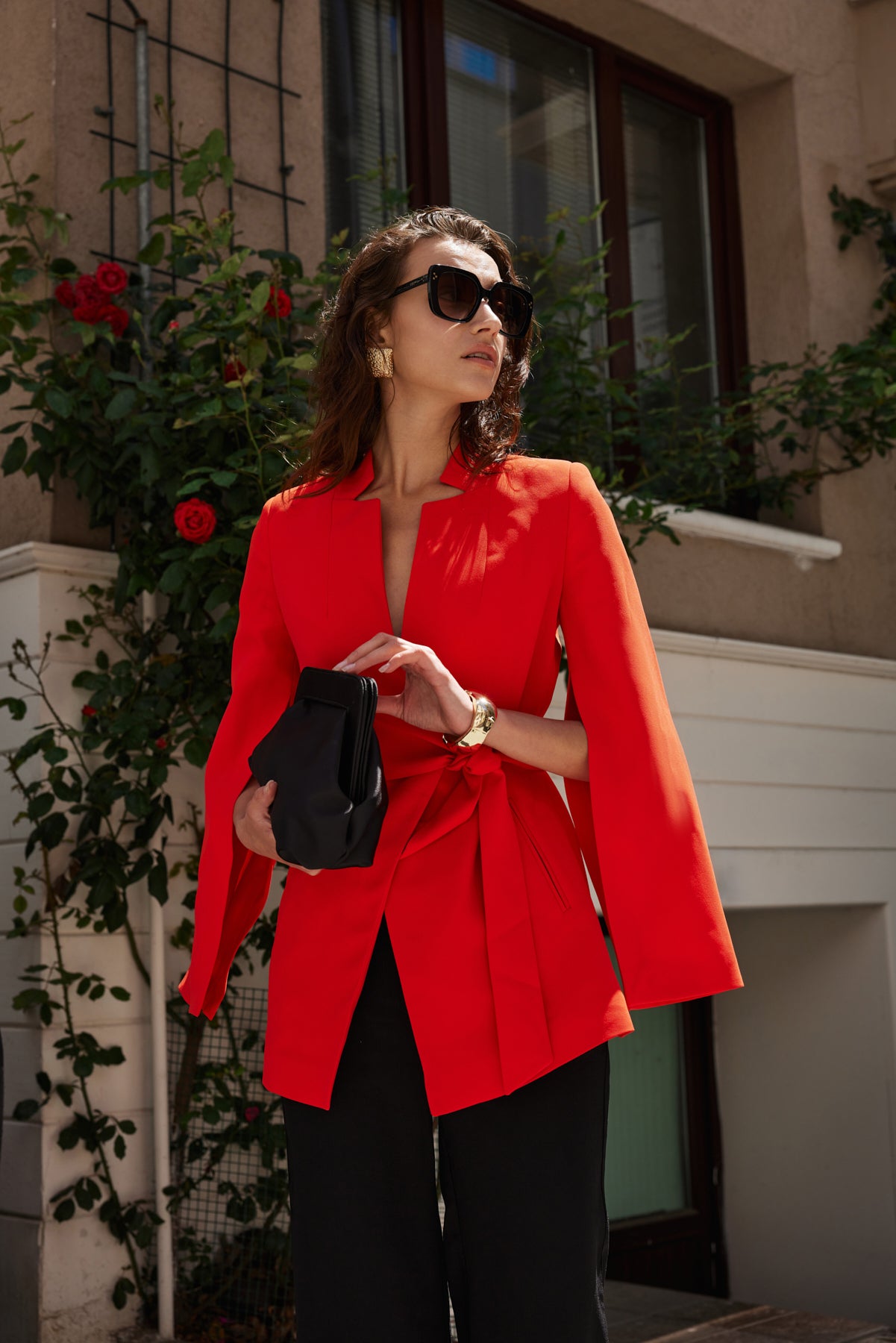 woman tailored Red Blazer with side tie