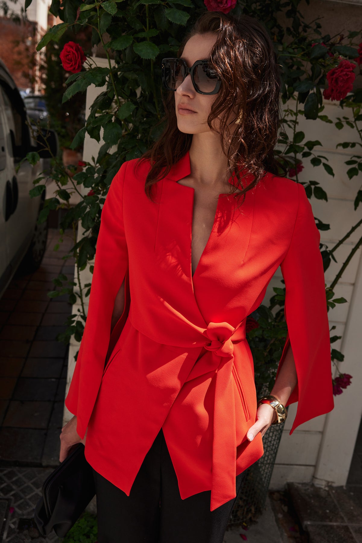 woman tailored Red Blazer with side tie