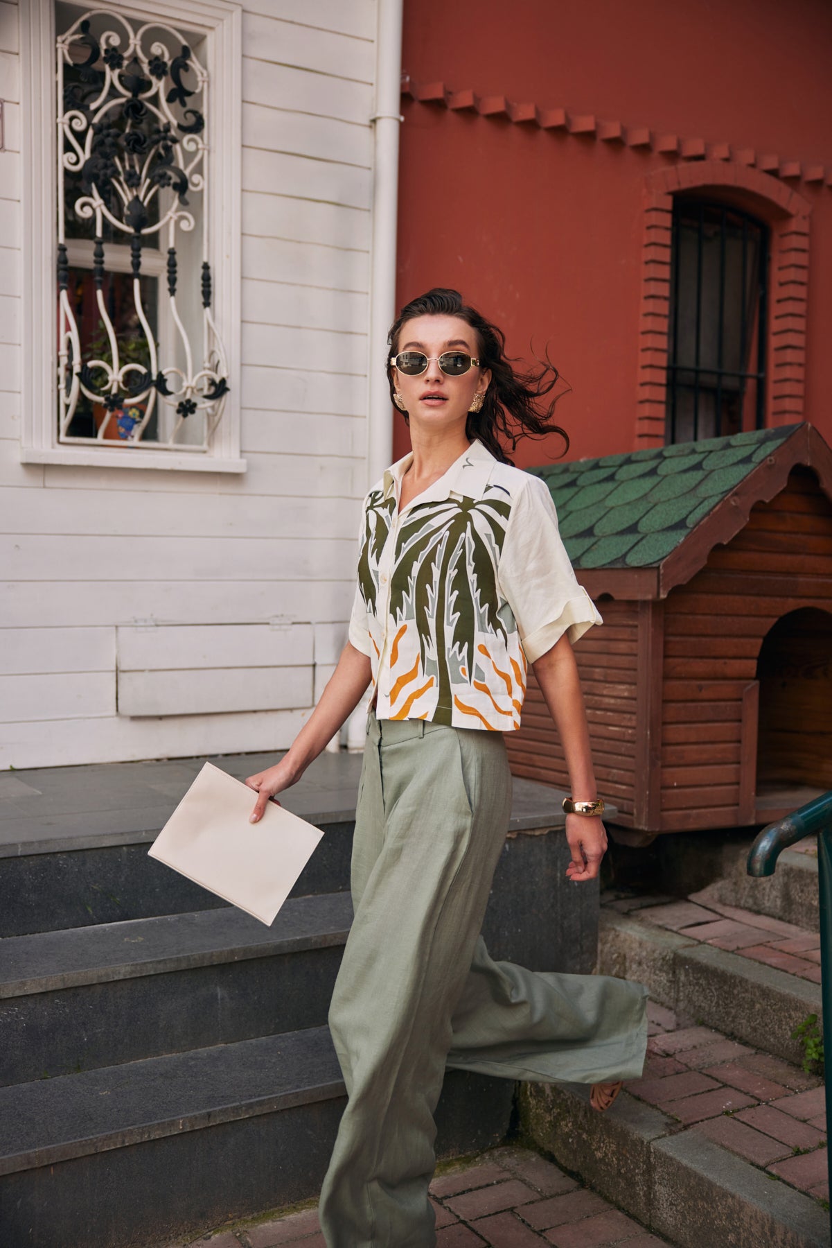 Woman linen shirt with palm print ivory Risska