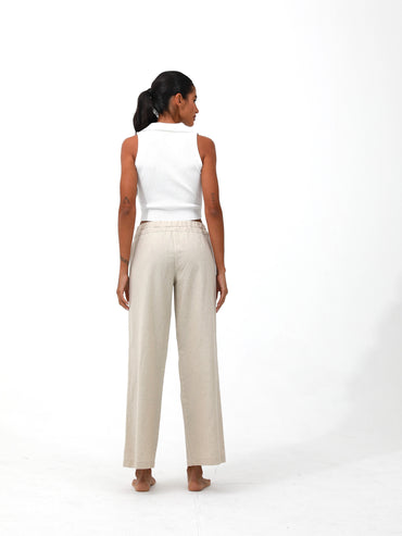 women linen cotton drawstring pants| Risska | Beige