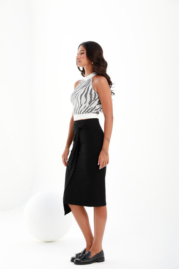 Black | mid-length skirt | wrapover front | drapped knot | risska