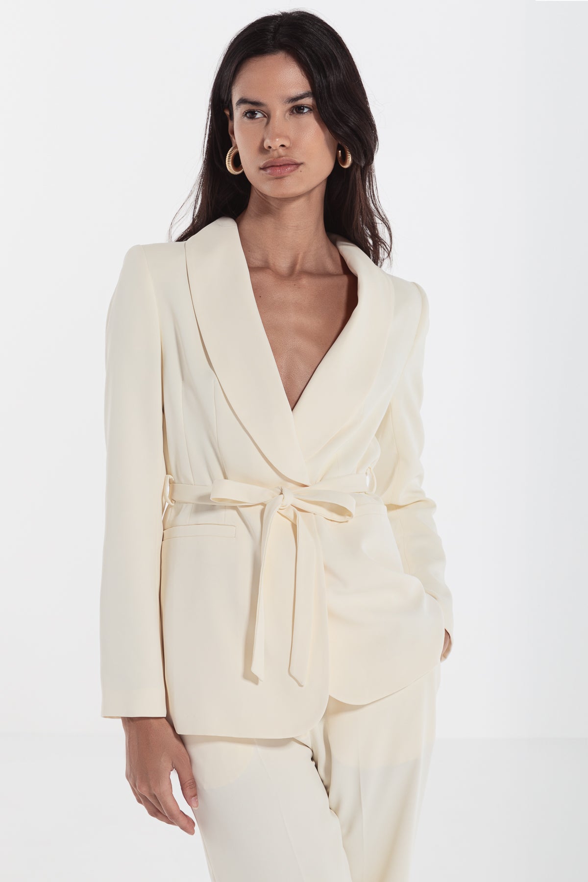 woman suit long sleeve with self tie belt ivory