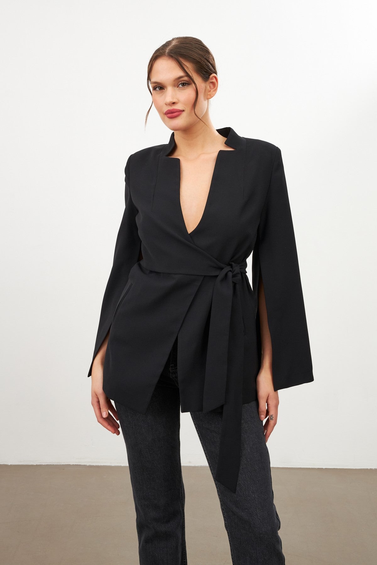 woman tailored black Blazer with side tie