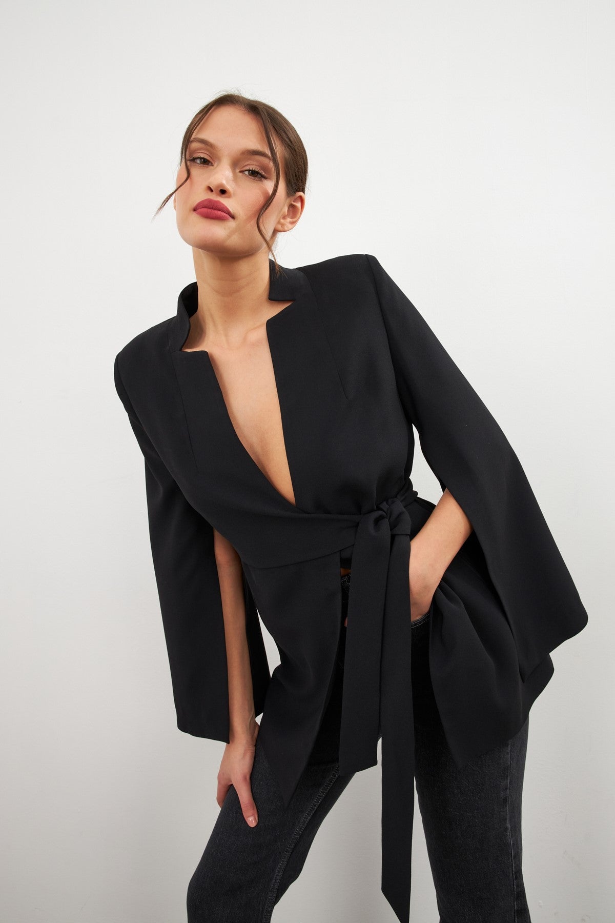 woman tailored black Blazer with side tie