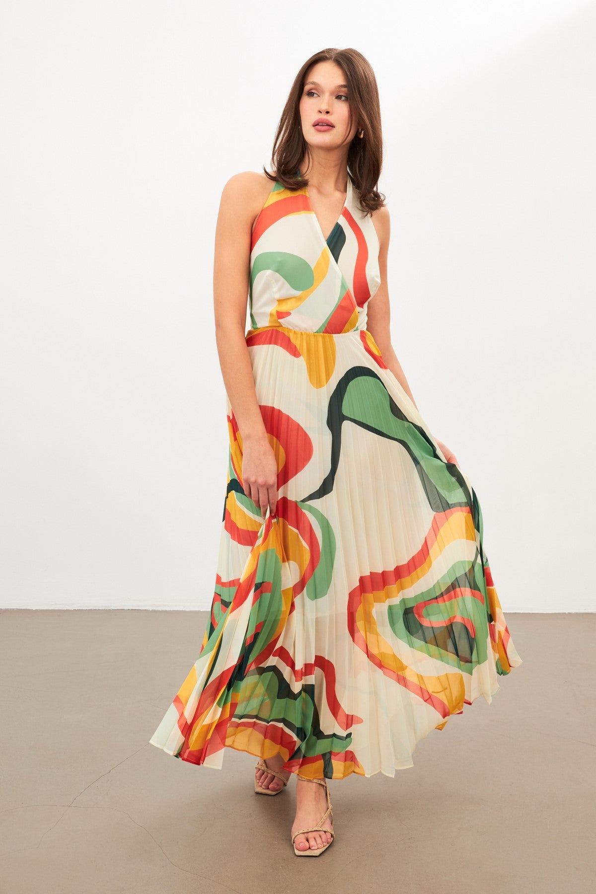 Orange backless women midi plisse dress