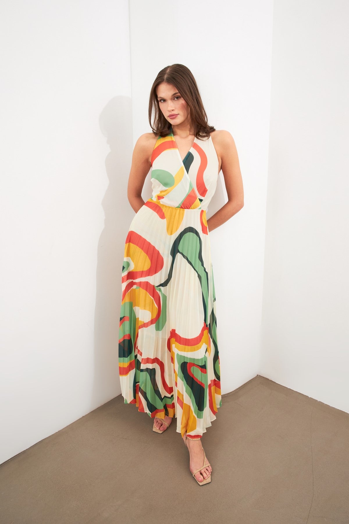 Orange backless women midi plisse dress