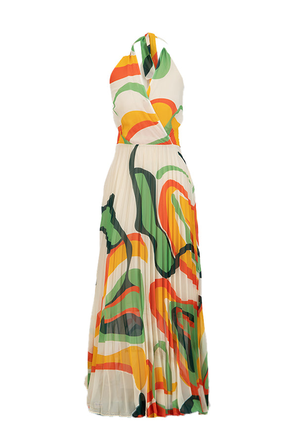 Orange backless women midi plisse dress