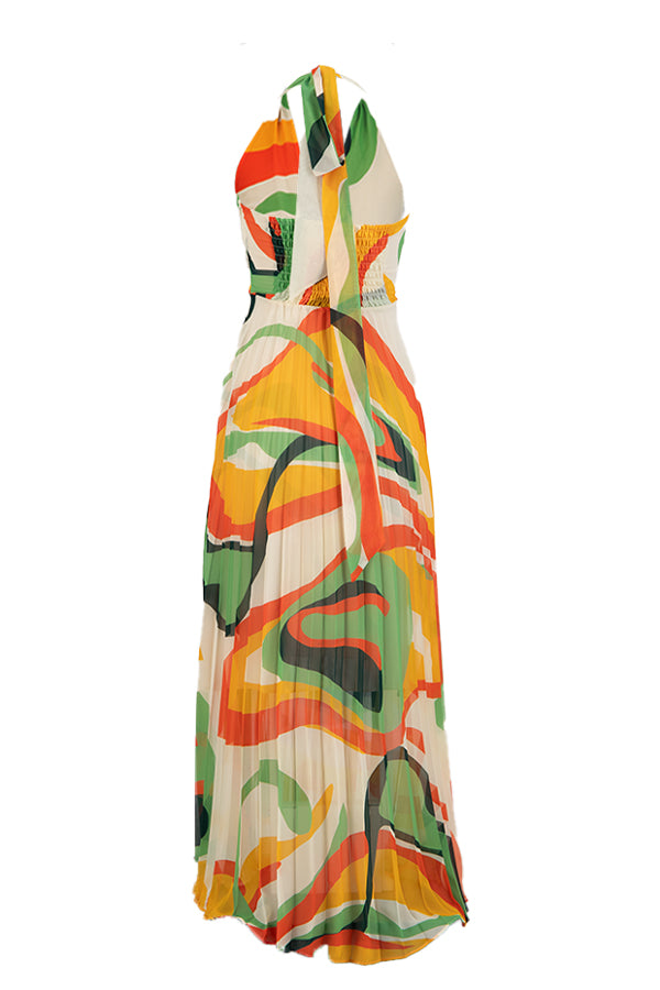 Orange backless women midi plisse dress