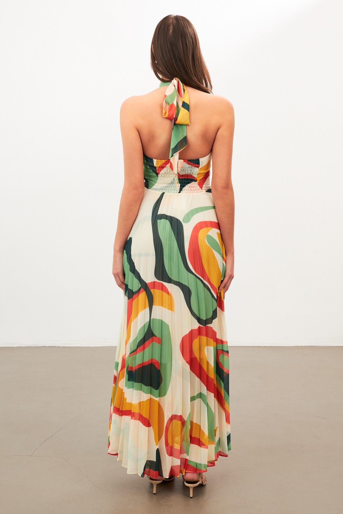 Orange backless women midi plisse dress