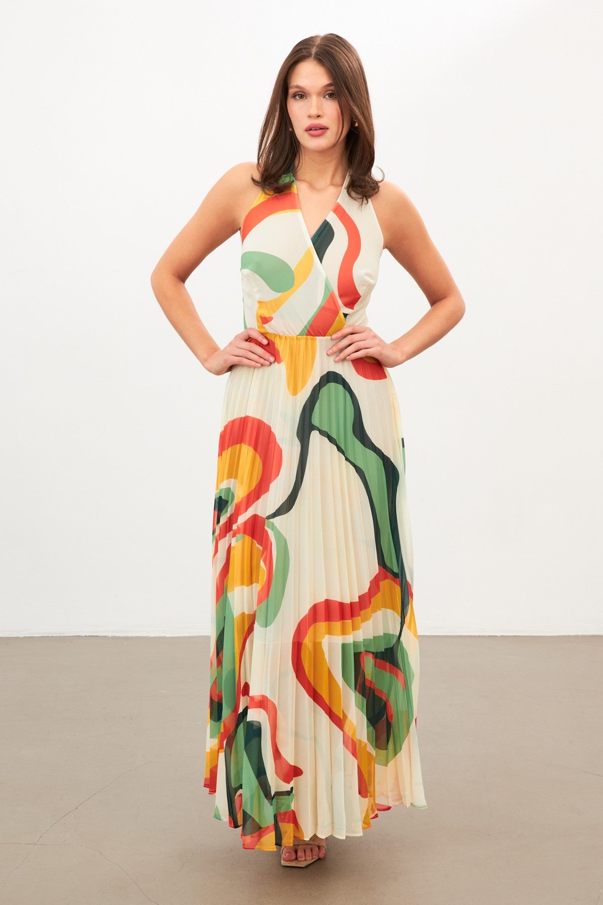 Orange backless women midi plisse dress