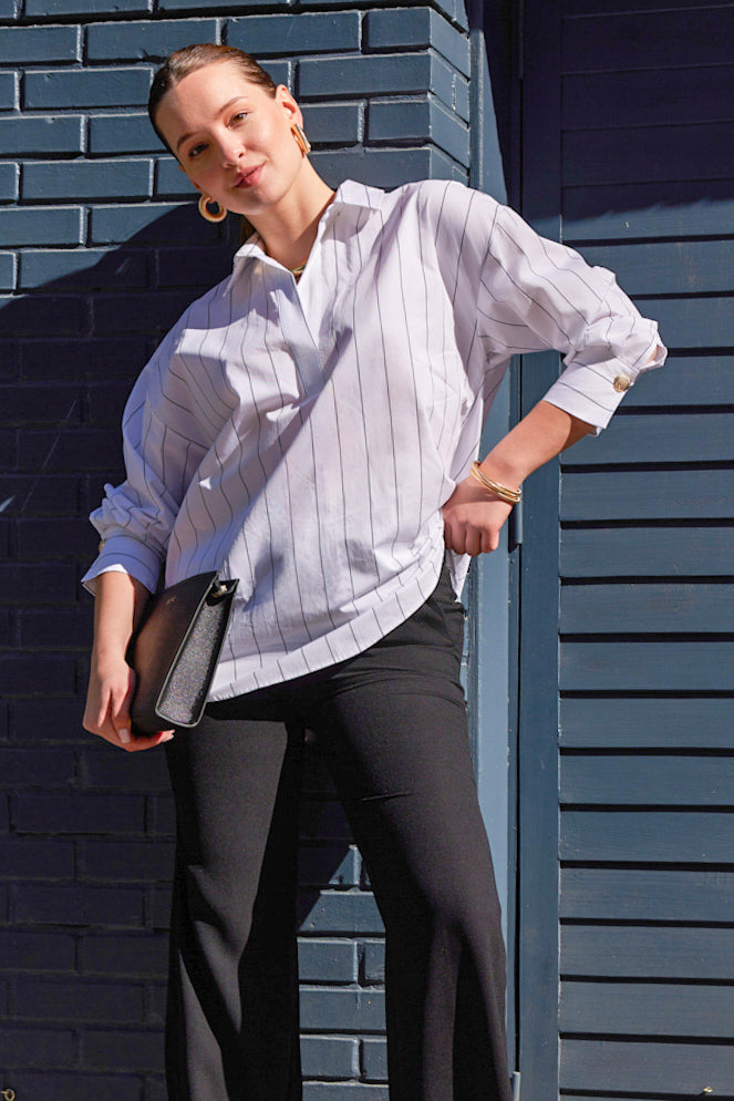 woman in cotton white |black striped shirt