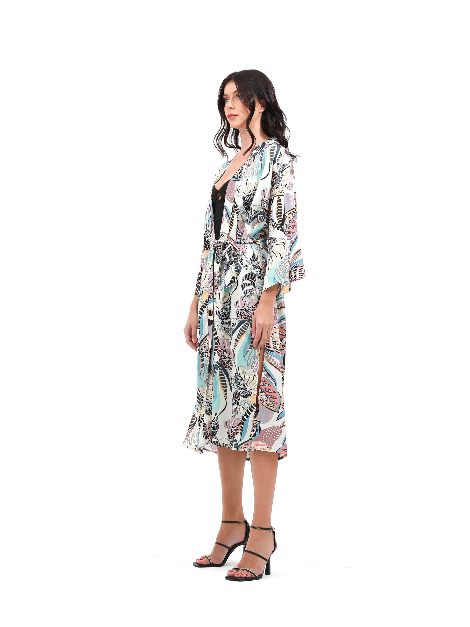 woman in summer kimono with tropical print light blue