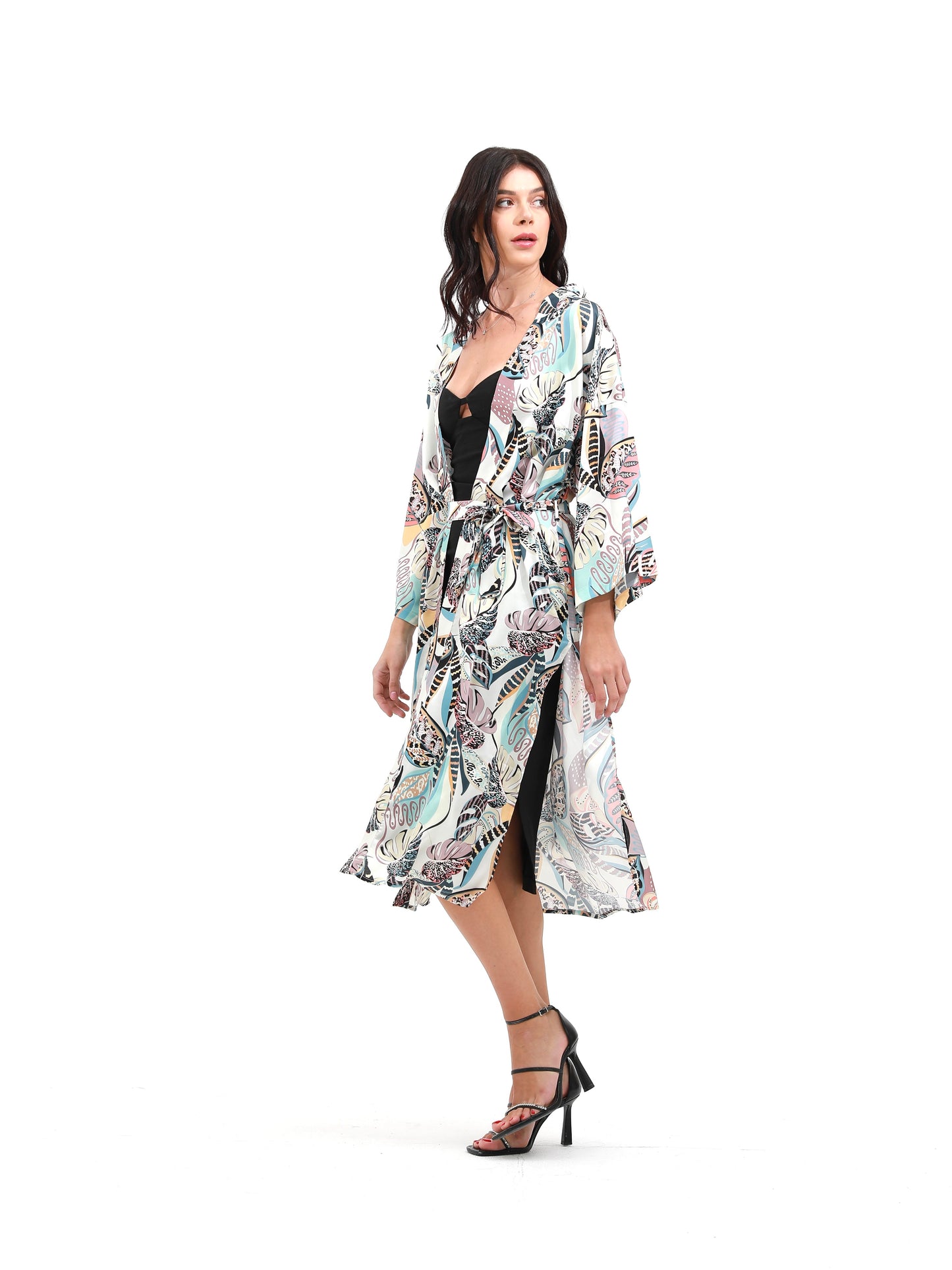 woman in summer kimono with tropical print light blue