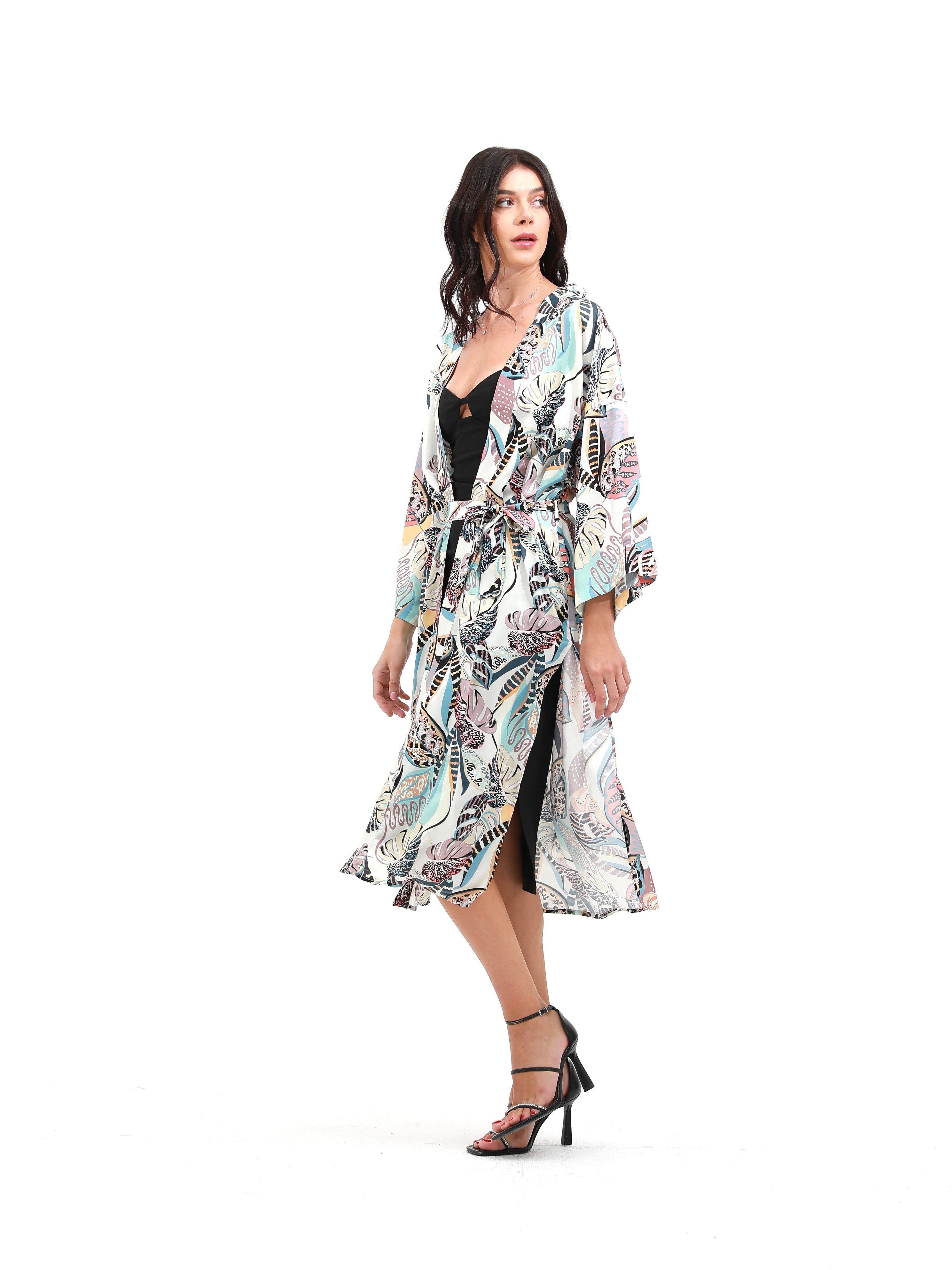 woman in summer kimono with tropical print light blue