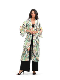 woman in summer kimono with tropical print palegreen