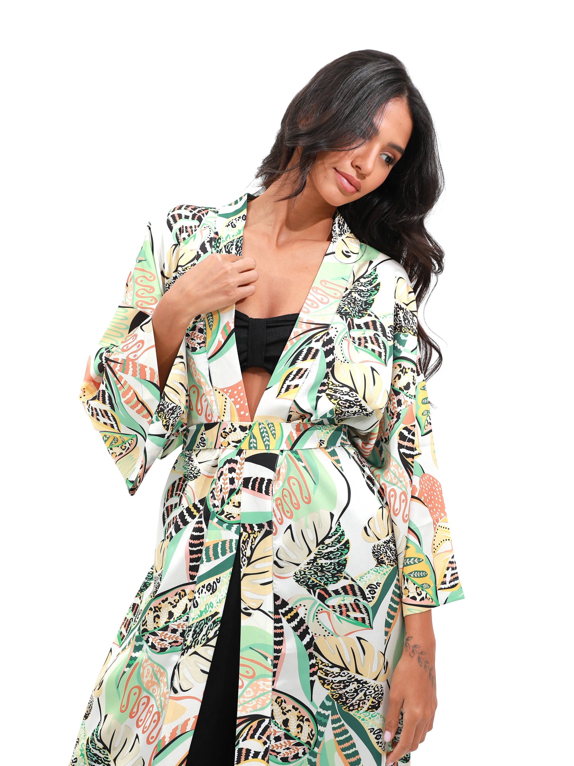 woman in summer kimono with tropical print palegreen