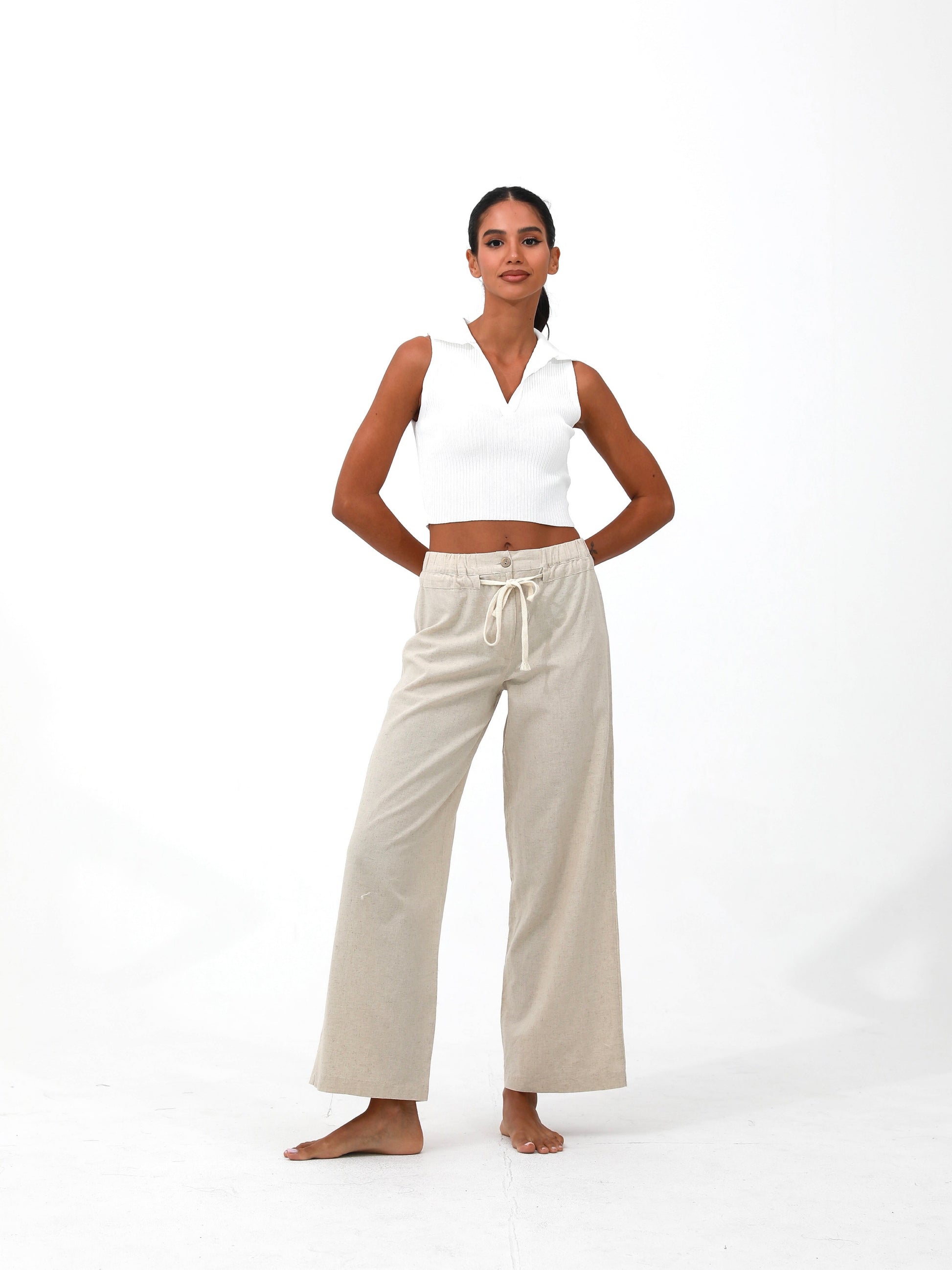 women linen cotton drawstring pants| Risska | Beige
