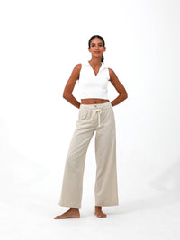 women linen cotton drawstring pants| Risska | Beige