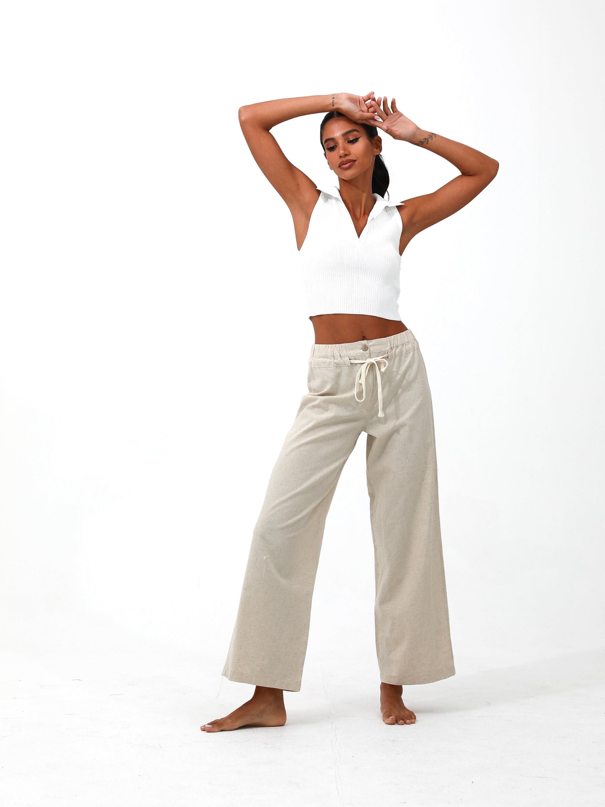 women linen cotton drawstring pants| Risska | Beige