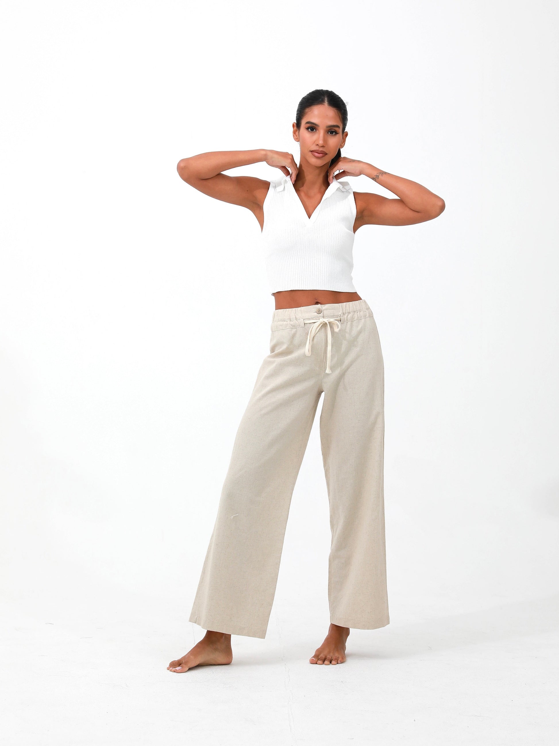 women linen cotton drawstring pants| Risska | Beige
