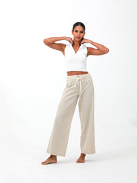 women linen cotton drawstring pants| Risska | Beige