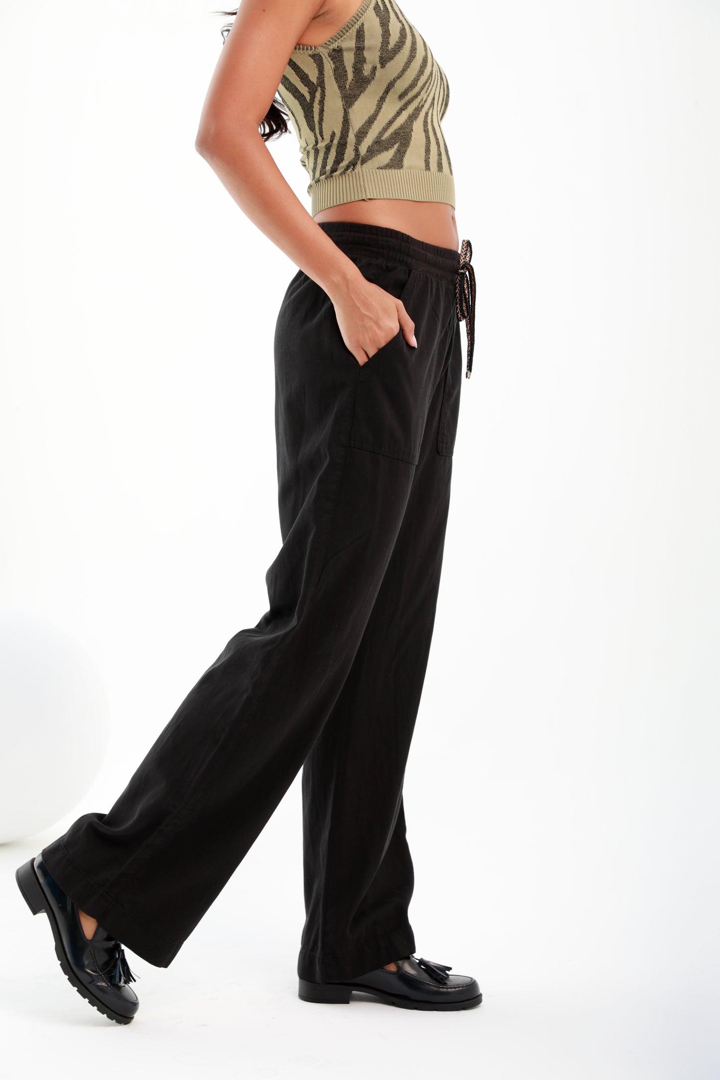 black |wide cotton drawstring pants | Risska