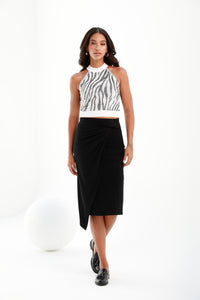 Black | mid-length skirt | wrapover front | drapped knot | risska