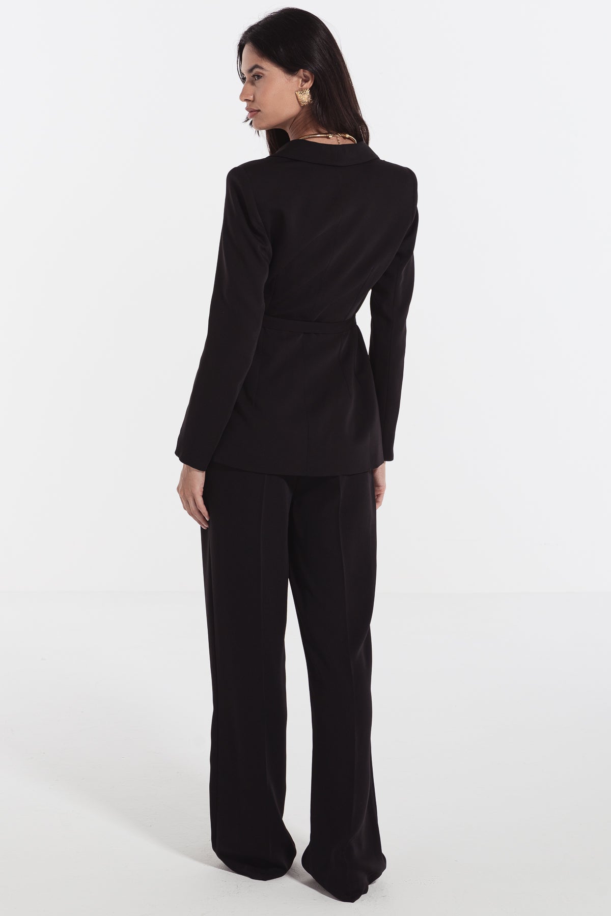 woman suit long sleeve with self tie belt black