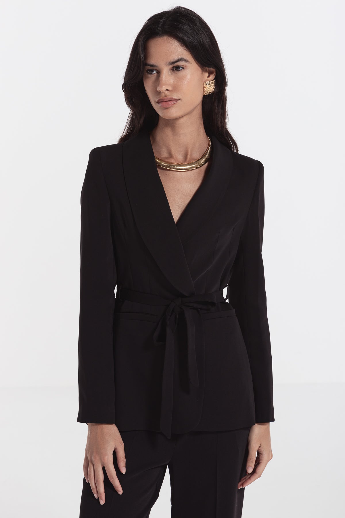 woman suit long sleeve with self tie belt black