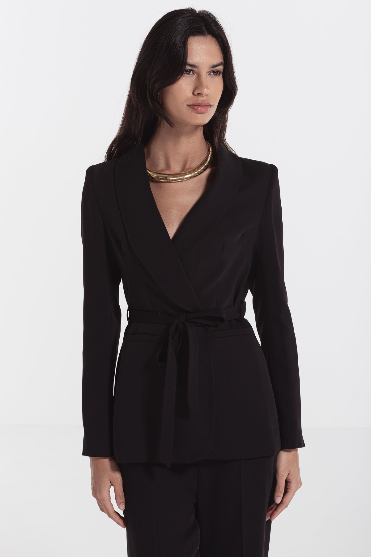 woman suit long sleeve with self tie belt black