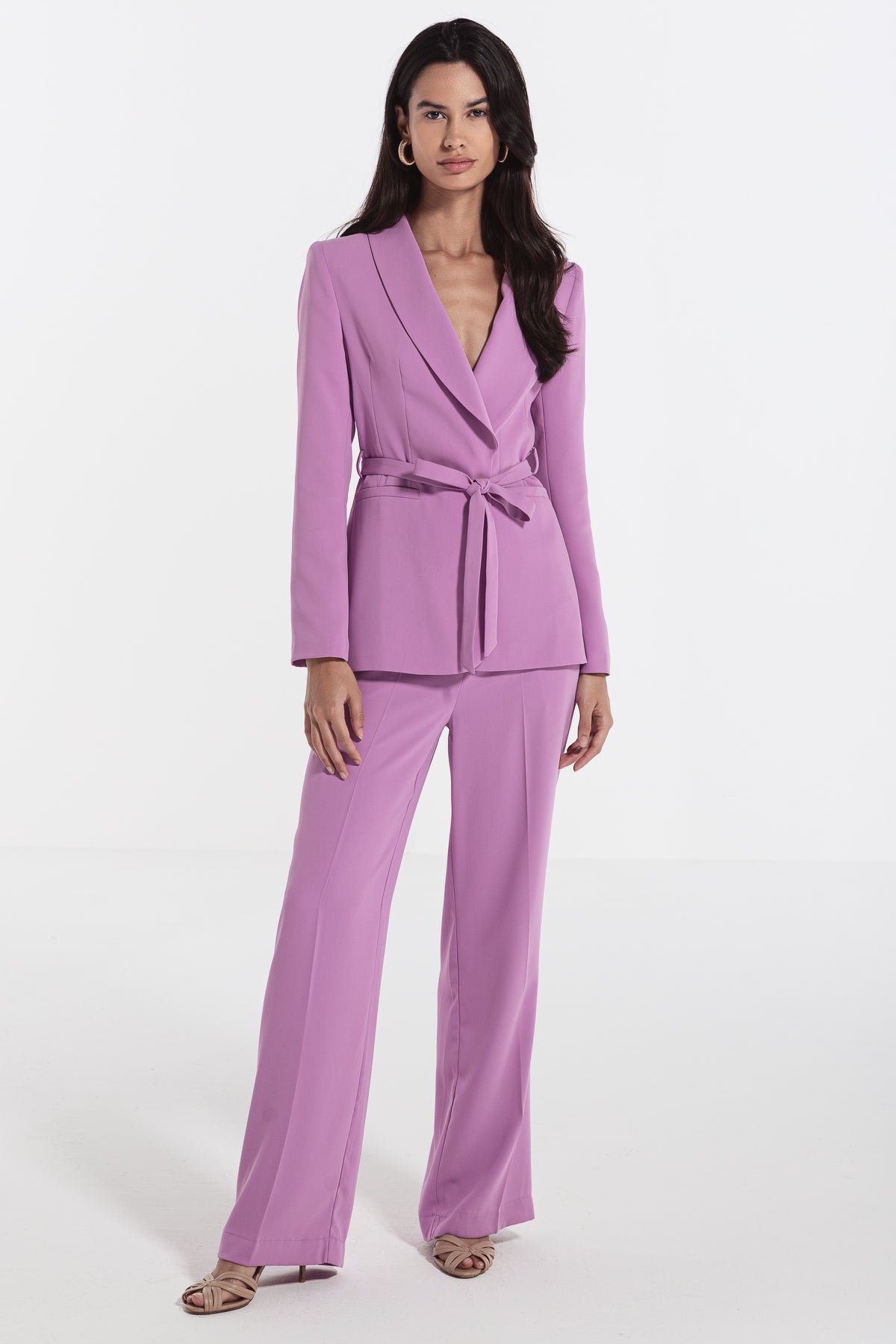 woman suit long sleeve with self tie belt plum