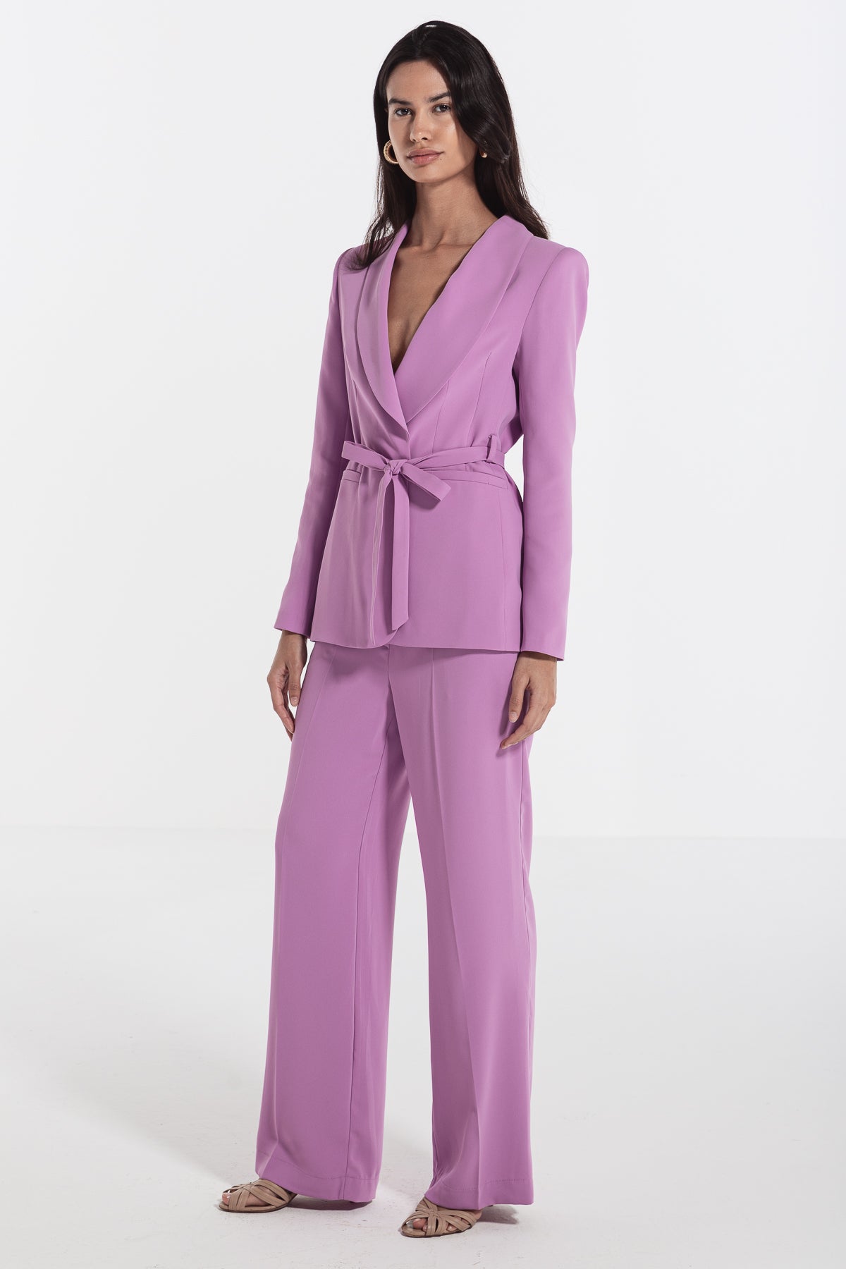 woman suit long sleeve with self tie belt plum