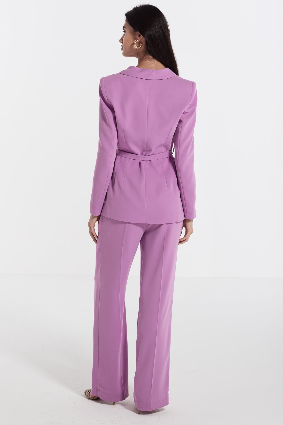 woman suit long sleeve with self tie belt plum