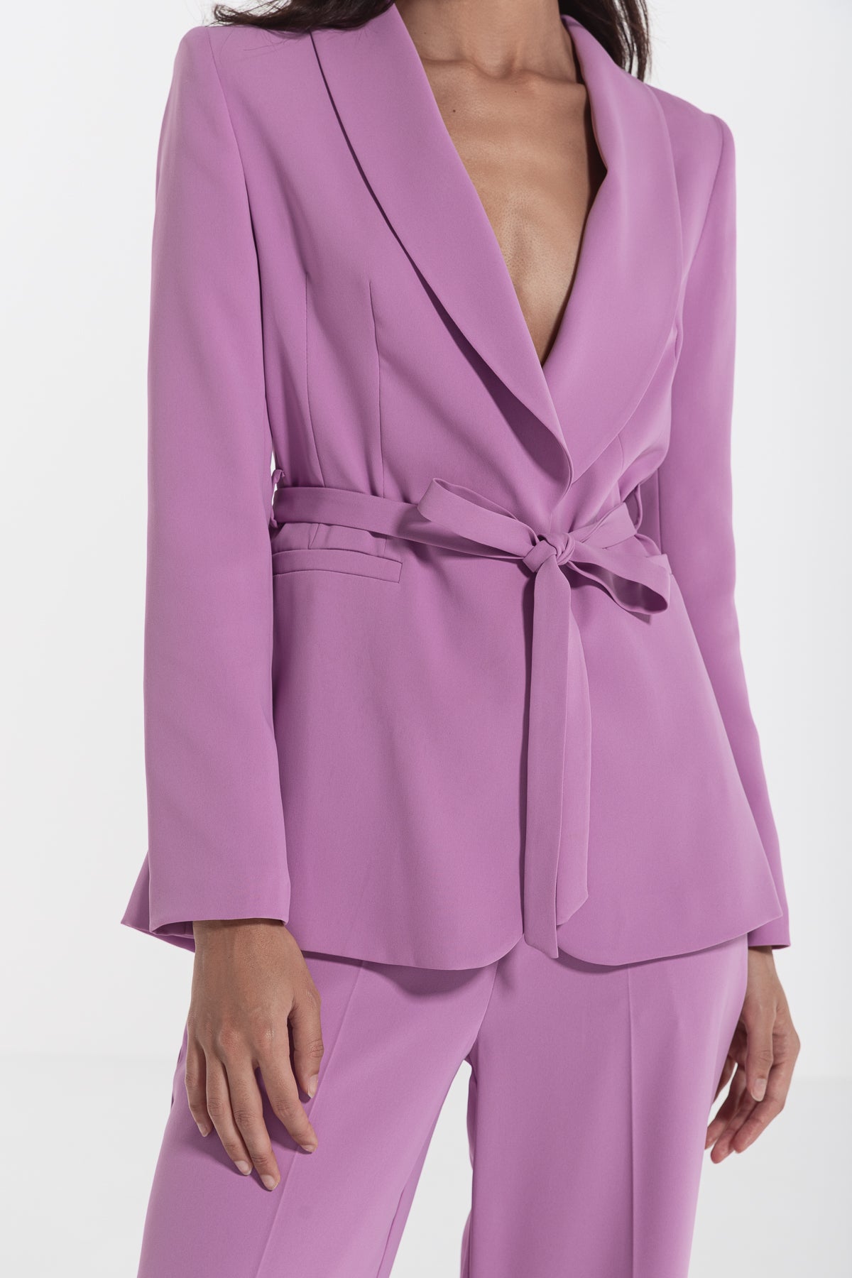 woman suit long sleeve with self tie belt plum