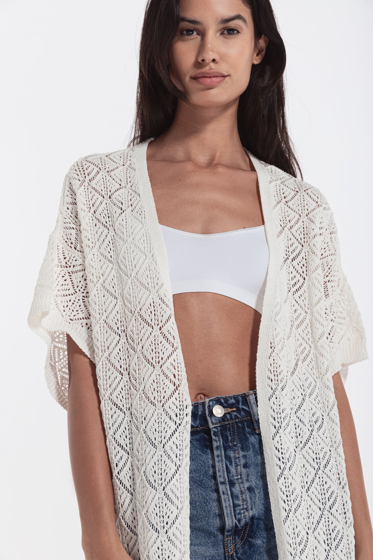 woman crochet cardigan ivory