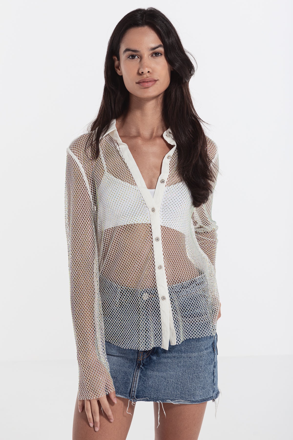 woman mesh rhinestone collar shirt white