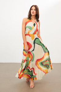 Orange backless women midi plisse dress