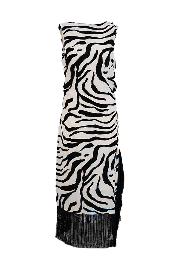 Black zebra print dress with side slit | fringe trim | risska