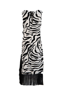 Black zebra print dress with side slit | fringe trim | risska