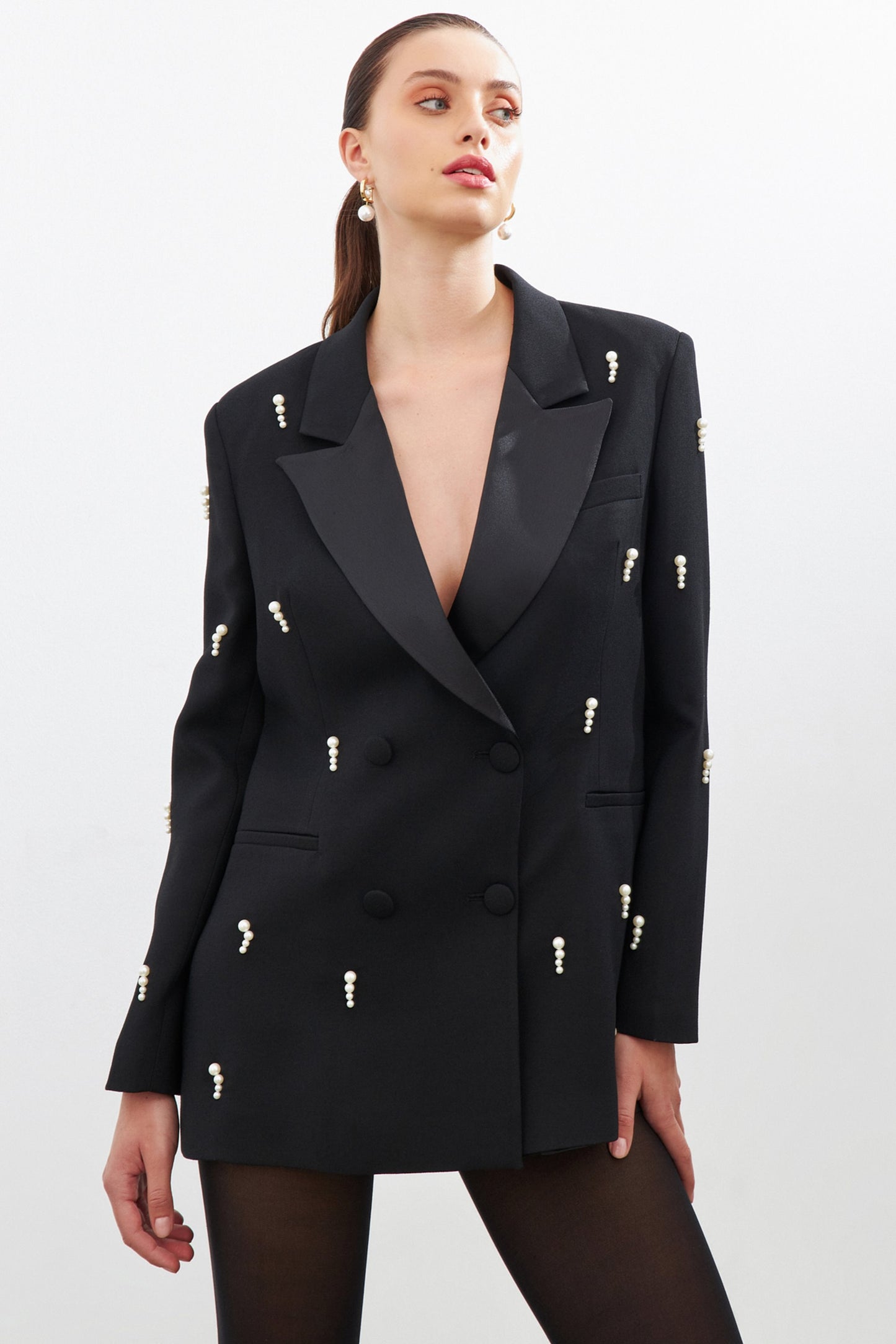 woman black blazer embellished with pearls |risska