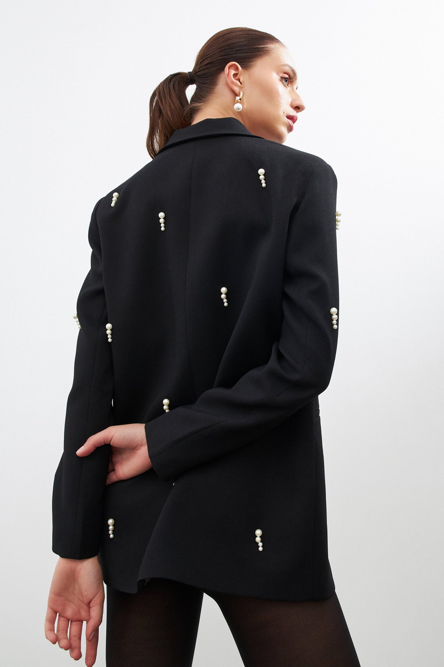 woman black blazer embellished with pearls |risska