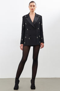 woman black blazer embellished with pearls |risska