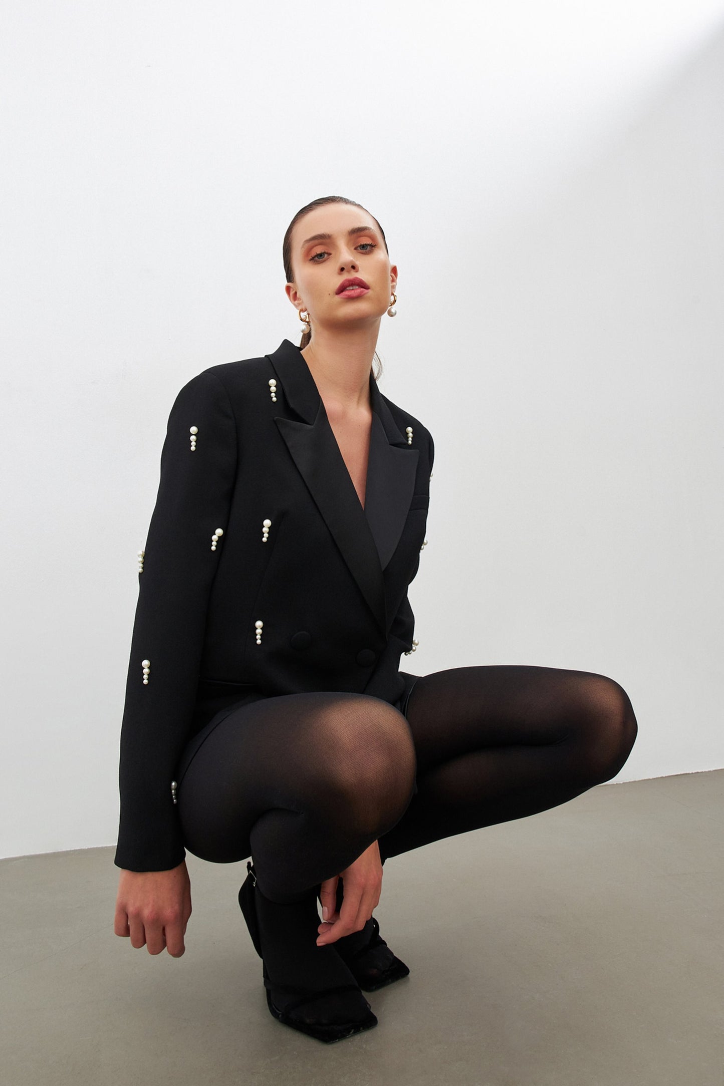 woman black blazer embellished with pearls |risska