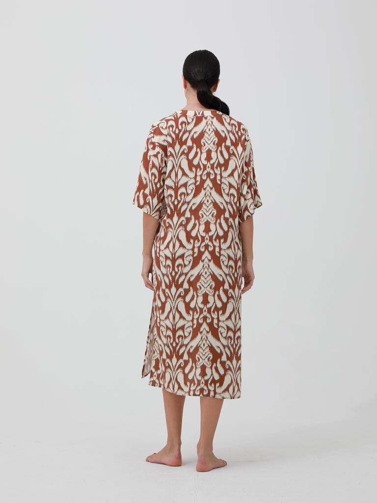 Tan | Cotton dress | Ikat print | Flare | Risska